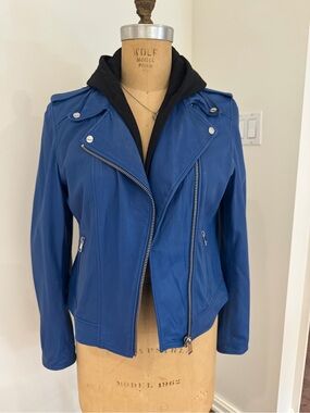 Lamarque Blue Genuine Leather Moto Jacket with removable Black Hood